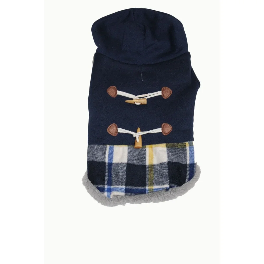 Navy Blue Dog Toggle Coat Hoodie Plaid Sherpa Lined Pet Jacket XS